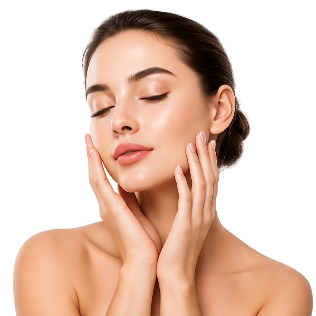 Woman with glowing skin, eyes closed, hands gently on face